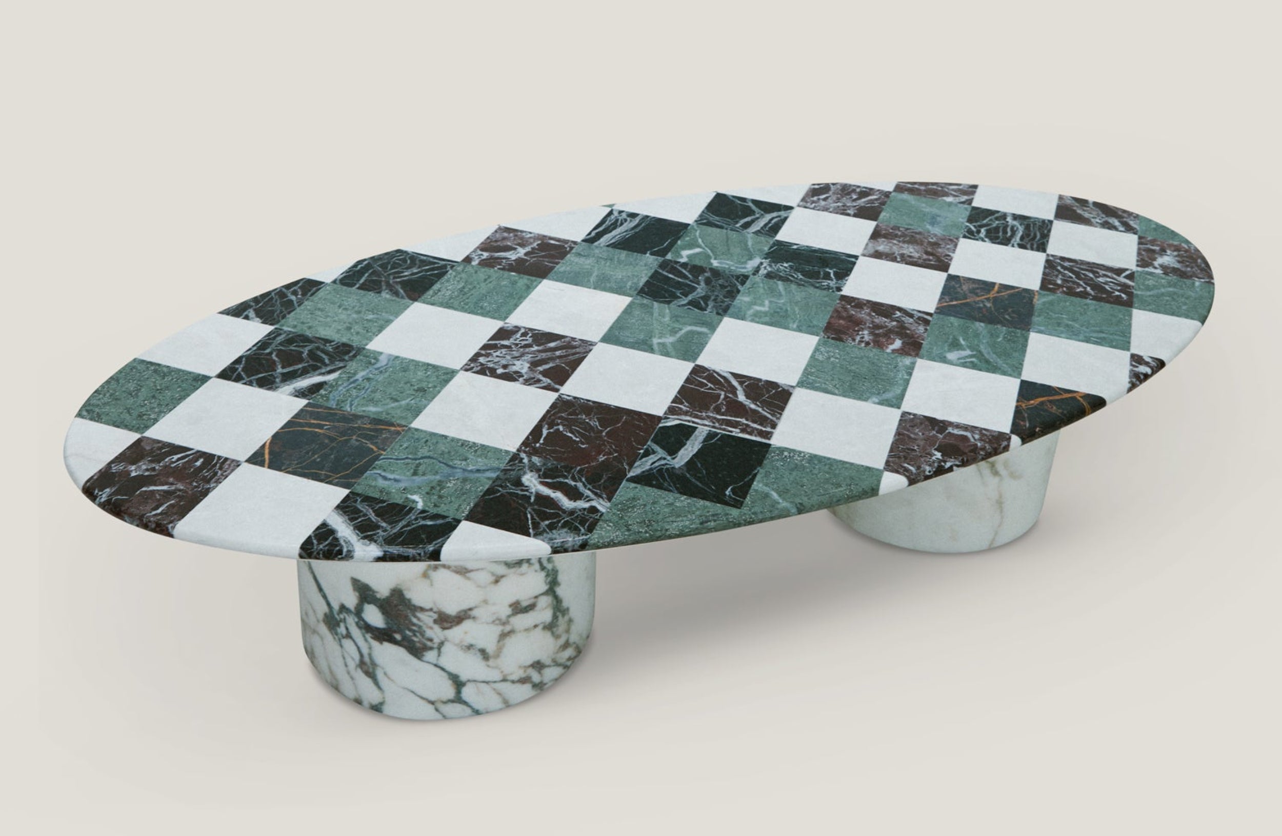 Marble-patterned coffee table with a checkered design on a beige background